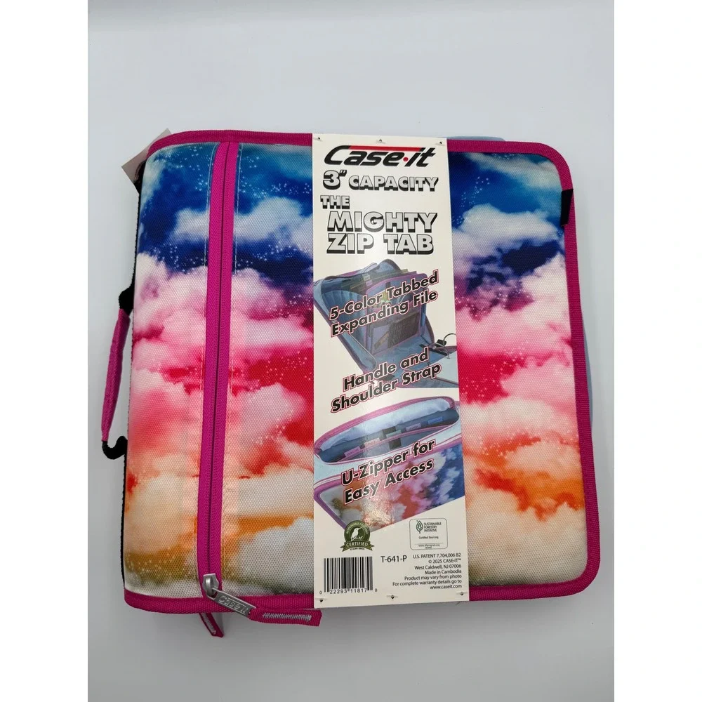 Case-it The Mighty Zip Tab 3 Inch Zipper Binder Rainbow Tie Dye NWT T-641-P